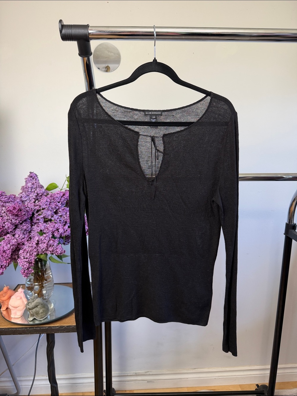 Club Monaco Silk Black Semi-Sheer Scoop-Neck Long Sleeve Top